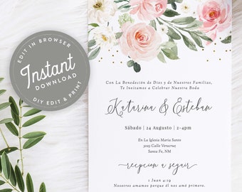 Spanische Hochzeitseinladung, Invitacione De Boda Digital Con Flores, Boda Digital Espanol, Imprimir En Casa, Instant Download