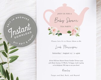 May include: A pink teacup silhouette with floral accents is the centerpiece of this baby shower invitation. The invitation text reads "Join us for a Baby Shower Tea Party" and includes the name "Leah Flannigan", the date "Saturday August 25", and the time "2-4pm".