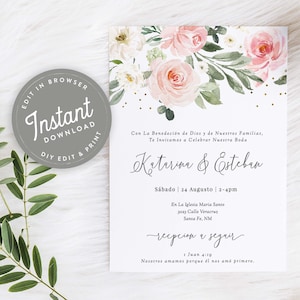 May include: Wedding invitation with a watercolor floral design in shades of pink and green. The invitation features the names "Katerina & Esteban" and the date "Saturday, 24 August | 2-4pm". The text "Con La Benedeción de Dios y de Nuestros Familias, Te Invitamos a Celebrar Nuestra Boda" is also included.