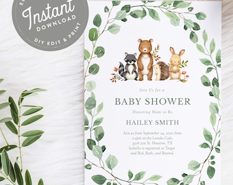 Woodland Baby Shower Invitation Boy, Animals Baby Shower Invitation, Gender Neutral Baby Shower Invites, Template, Woodland, 18