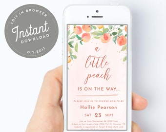 Peach Baby Shower E Invite Template, Sweet Peach Shower Evite Email Invitation, E Invitation Editable Text Invite Instant Download, 60