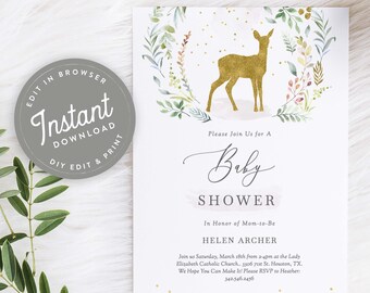 May include: A gold deer silhouette in a watercolor wreath with green leaves and pink flowers. The text "Please Join Us for A Baby Shower In Honor of Mom-to-Be Helen Archer" is below the wreath. The text "Join us Saturday, March 18th from 2-4pm at the Lady Elizabeth Catholic Church. 3306 71st St. Houston, TX. We Hope You Can Make It! Please RSVP to Heather: 342.346.2456" is below the text.