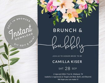 Floral Brunch Bridal Shower Invitation, Navy Blue Shower Invite, Printable Editable Invitation Template Download, Navily