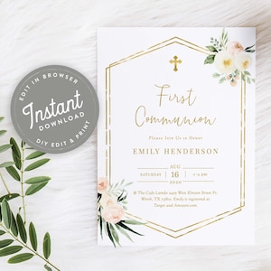 Girl First Communion Invitation Girl, First Communion Invitation With Photo, Blush Floral and Gold Holy Communion Invitation EDITABLE, 88