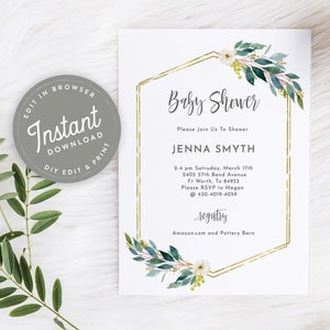 Baby Shower Invitation Greenery Baby Shower Invitation Template, EDITABLE, Gender Neutral, Gold, Printable, Instant Download, 126