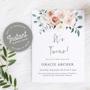 Floral Twin Baby Shower Invitation Girl Template, It&#39;s Twins Girl Invite, EDITABLE, Printable Baby Shower Invites Girl, Boho Floral, 19