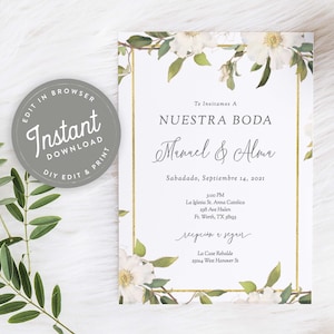 Invitaciones De Boda Template Con Flores Blanco, Invitaciones Para Boda Español, Imprimir En Casa, Para Boda, Descarga Instantánea, Editable