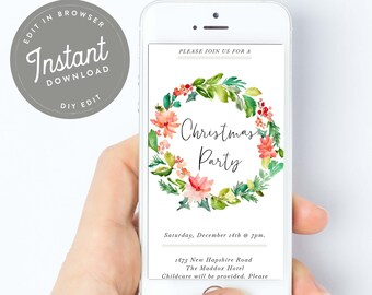 May include: A digital invitation for a Christmas party with a watercolor wreath design. The invitation includes the text "Christmas Party", "Saturday, December 14th @ 7pm", "1473 New Hampshire Road", "The Maddox Hotel", and "Childcare will be provided. Please".