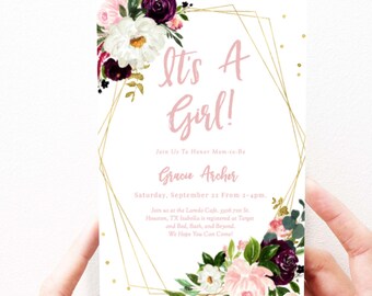 May include: A pink and gold baby shower invitation with a floral design and the text "It's a Girl!"  Join us to honor Mom-to-be Grace Archer. Saturday, September 22 from 2-4pm. Join us at the Laredo Cafe, 3306 yn St. Houston, TX Isabella is registered at Target and Bed, Bath, and Beyond. We hope you can come!