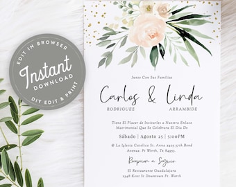 Invitaciones De Boda Español, Invitaciones De Boda Plantilla Digital Con Flores, Imprimir En Casa, Para Boda, Descarga Instantánea, Editable