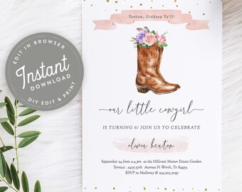 Cowgirl Birthday Invitation Cowgirl Digital Invite, Cowgirl Birthday Party Invite, Instant Download, Editable Template, 182