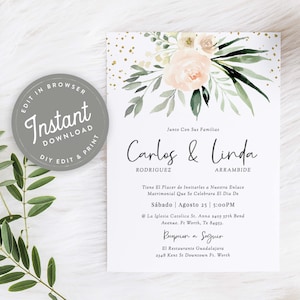 Invitaciones De Boda Espanol, Invitaciones De Boda Template Digital Con Flores, Imprimir En Casa, Para Boda, Instant Download, Editable