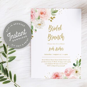 Bridal Brunch Invitation Pink Floral, Blush Floral Bridal Brunch Invites, Wedding Brunch, Editable Template Download, 105