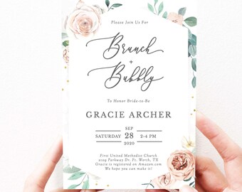 May include: A floral-themed invitation for a brunch and bubbly bridal shower for Gracie Archer. The event will be held on Saturday, September 28, 2020, from 2-4 PM at the First United Methodist Church in Fort Worth, Texas.