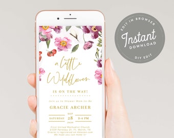 May include: A digital invitation for a baby shower with a floral design. The invitation reads "a little Wildflower is on the way!" and includes the name Gracie Archer, the date Saturday, 28 September 2020, the time 2-4 PM, and the location First United Methodist Church, 2109 Parkway Dr. Ft. Worth, TX. The invitation also states that Gracie is registered on Amazon.com.