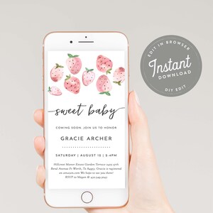 May include: A pink and white baby shower invitation with a watercolor illustration of strawberries. The invitation reads "sweet baby" and includes the name "Gracie Archer", the date "Saturday, August 12", the time "2-4pm", and the location "Hillcrest Manor Estate Garden Terrace 2405 57th Bend Avenue Ft Worth, Tx 84953".