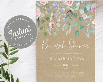 Rustic Bridal Shower Invites, Floral Bridal Shower Invites, Bridal Shower Invitation, Printable, Editable Template, Instant Download, Pippa