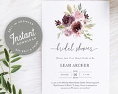 Purple Floral Bridal Shower Invites Printable Bridal Invitation Download, Dark Purple Wine Floral Printable Invitation, Editable Download,83