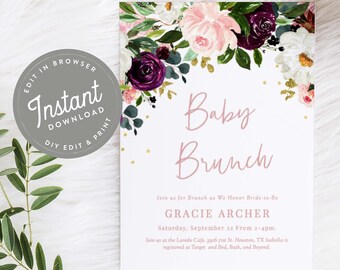 Boho Floral Baby-Brunch-Dusche-Einladung Mädchen, EDITIERBARE Einladung, druckbare, Baby-Dusche lädt Mädchen, Burgund, erröten, Gold, Mädchen, 40