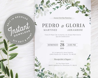 Invitaciones De Boda Template Invitaciones Digital Con Hojas Verdes, Para Boda, Imprimir En Casa, Instant Download