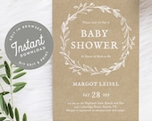 Wreath Baby Shower Invitation Country Baby Shower Invites Coed Simple Invitation Burlap, Editable Template Instant Download, 53
