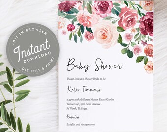 Plantilla de invitación de baby shower floral de Borgoña Chica Baby Shower Invitar Descarga instantánea, 99