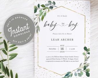 Greenery Baby Boy Shower Invitation Template, Boy Baby Shower Invites Greenery, EDITABLE Greenery Shower Invitation Boy, Gold Frame, 124