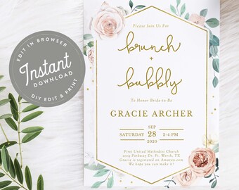 Brunch and Bubbly Bridal Shower Invitation, Bridal Shower Invites, Boho Bridal Shower Invites, Brunch Shower, Printable Invitation, 19