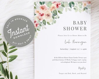 Garden Floral Baby Shower Invitation Download, Garden Baby Shower Invitation Template, Editable, 110