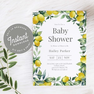 Lemon Baby Shower Invitation, Baby Shower Invite Lemons, Lemon Shower Invites, Fruit, Editable Template, Printable, Instant Download, 21