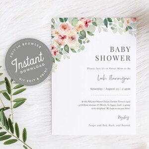 Garden Floral Baby Shower Invitation Download, Garden Baby Shower Invitation Template, Editable, 110
