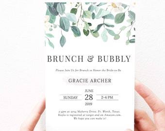 Eucalyptus Brunch and Bubbly Bridal Shower Invitation, Greenery Bridal Shower Invites, Bridal Brunch, Instant Download, Printable, 25