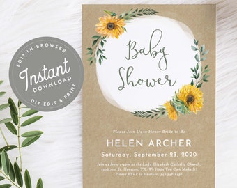 Sunflower Baby Shower Invitation, Sunflower Baby Shower Invites, Country Baby Shower, Editable Template, Instant Download, Printable, 33