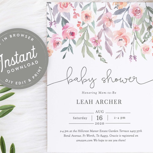 Blush Floral Baby Shower Invitation Girl Instant Download Pink Etsy