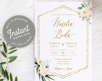 Invitaciones De Boda Digital Con Flores Blancos Nuestra Boda Invitaciones Para Boda Digital Espanol, Imprimir En Casa, Instant Download