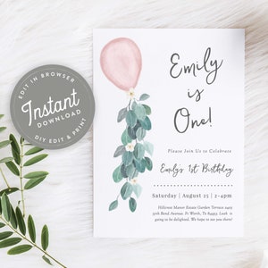 Cute Girl Birthday Invitation, 1st Birthday Invitation, Editable Template, Instant Download, First Birthday Invite Girl, Pink Balloon, 85