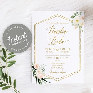 Invitaciones De Boda Digital Con Flores Blancos Nuestra Boda Invitaciones Para Boda Digital Espanol, Imprimir En Casa, Instant Download