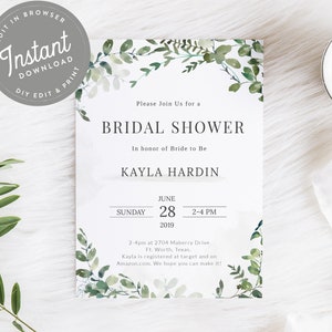 Bridal Shower Invitation Greenery Bridal Shower Invite, Greenery Invitation Template, Printable, Instant Download Template, Greens