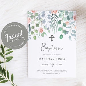Christening Invitation Girl, Baptism Invitation Greenery, Baptism Invitation, Baptism Invitation Template, Cross, Template, Instant Download