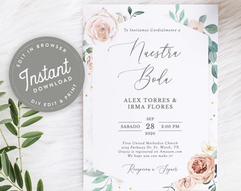 Invitaciones De Boda Digital Con Flores, Nuestra Boda Invitaciones Para Boda Digital Espanol, Spanisch, Imprimir En Casa, Download, 197