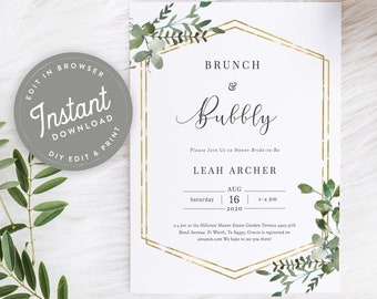 Greenery Brunch and Bubbly Bridal Shower Invitation Template Instant Download, Bridal Brunch Gold Geometric Editable, Printable, Greens