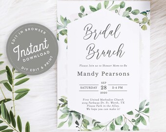 May include: A white invitation with green watercolor leaves and a white hexagon with the text "Bridal Brunch" and the name "Mandy Pearsons". The invitation includes the date and time of the event, "Saturday, September 28, 2020, 2-4 PM", and the location, "First United Methodist Church, 2109 Parkway Dr. Ft. Worth, TX".
