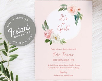 It's a Girl Pink Baby Shower Invitation Digital Template, Pink Floral Baby Shower Invites Pink Editable Template, Printable, 102