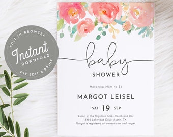 Cute Floral Baby Shower Invitation Girl Pink Shower Invites Girl Flower Baby Shower Editable Template Blush Peony Spring Instant Download,55