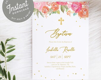 Baptism Invitation Girl, Baptism Invite Girl, Christening Invitation, Floral Baptism Girl Invitation, Editable Instant Download, Rosa