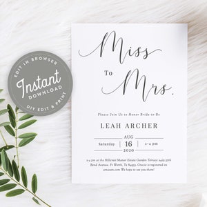 Modern Miss to Mrs Bridal Shower Invitation Printable, Simple Bridal Shower Invites Black and White Calligraphy Editable Template