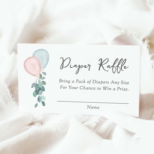Jongen en meisje tweeling baby shower luier loterij kaart downloaden breng luiers kaart ballon, afdrukbare luier loterij ticket PDF, 147