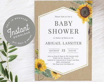 Sunflower Baby Shower Invitation, Sunflower Baby Shower Invites, Rustic Baby Shower, Editable Template, Instant Download, Printable, 33