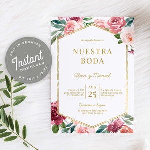 Invitaciones De Boda Template Con Flores Rojas Invitaciones Para Boda Digital, Imprimir En Casa, Download Instantâneo, Borgonha, Editável