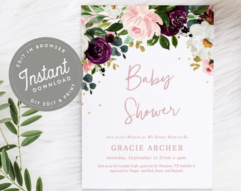 Pink Burgundy Floral Baby Shower Invitation, EDITABLE, Printable Baby Shower Card Template, Plum, Blush, Boho, Baby Girl Shower, 40